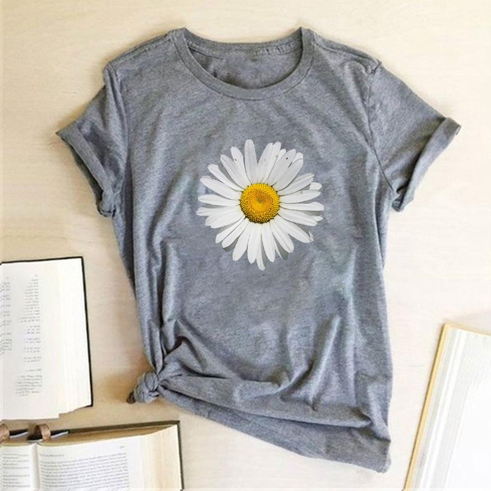 Summer Round Neck Daisy Pattern Printed Top Fashionable Casual Pure Cotton Short Sleeved Women's T-shirts