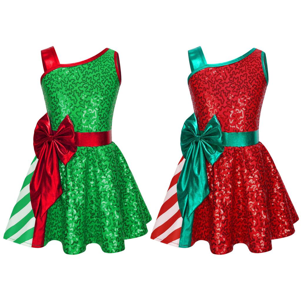 Kids Girls Sequins Christmas Dress Xmas New Year Dress Big Bow Stripe Stage Performance Santa Clause Party Dancewear