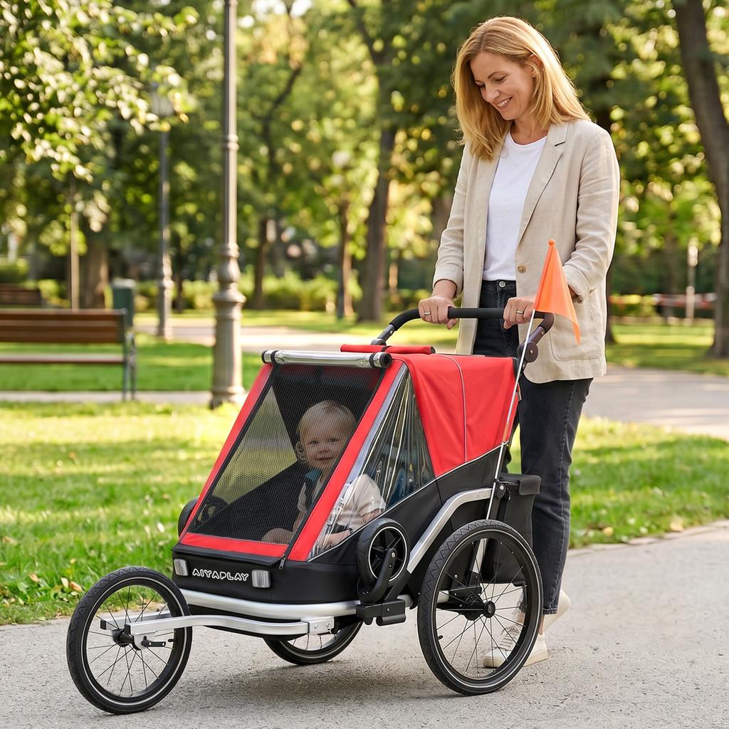 Bike Trailer for Kids, 2-Seater, 2-in-1 Foldable Kids' Bike Trailer with Adjustable Seat and Harness, Red