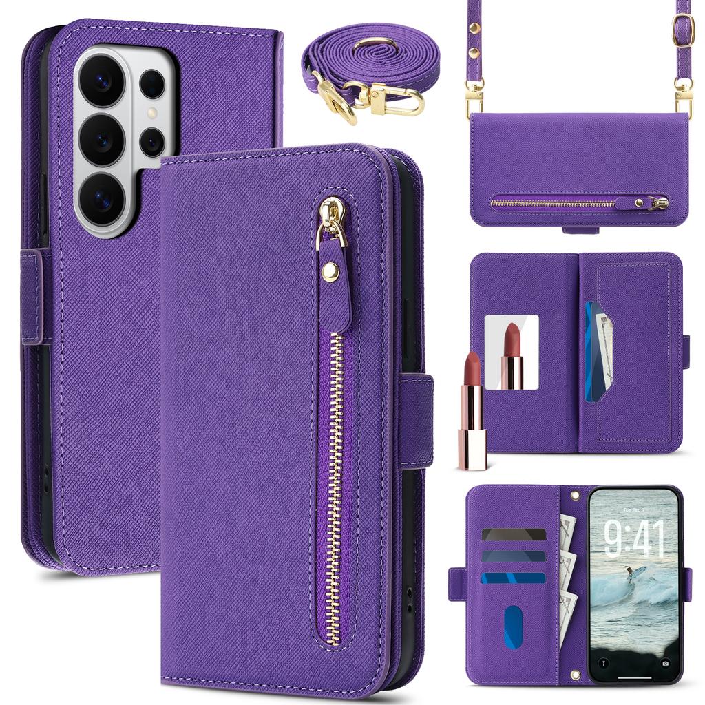 Crossbody Long Lanyard Zipper Cards Solt Wallet Flip Leather Case for Samsung S26 Ultra S25 S24 S23 Shockproof Book Stand Cover