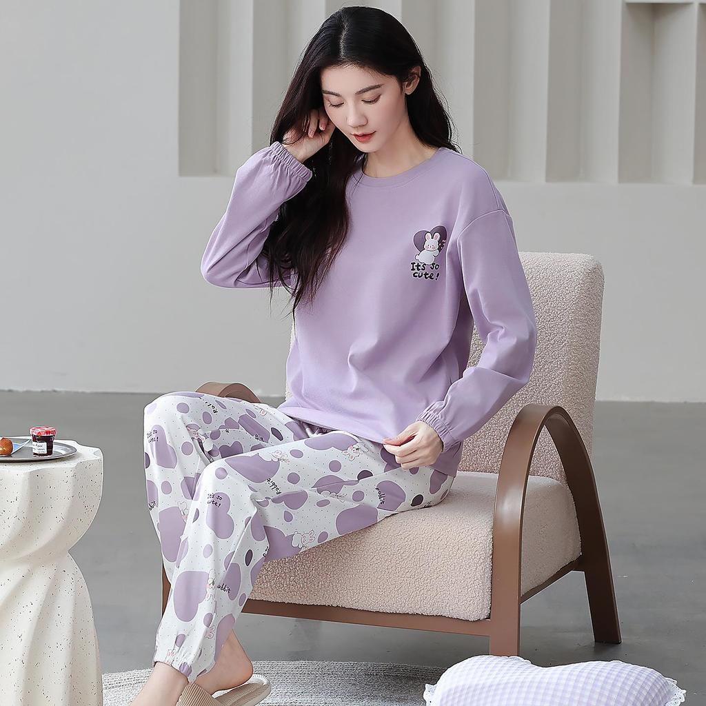 Ensemble de Pyjama pour Femme 100% Coton – Respirant, Absorbant la Sueur, Manches Longues Col Rond pour Porter à l'Intérieur et à l'Extérieur (Automne hiver)