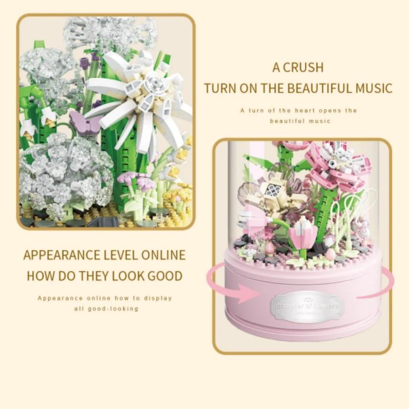 Flower Spinning Music Box Blue Sunflower Pink Creative Office Decoration Building Block DIY Toy Gift