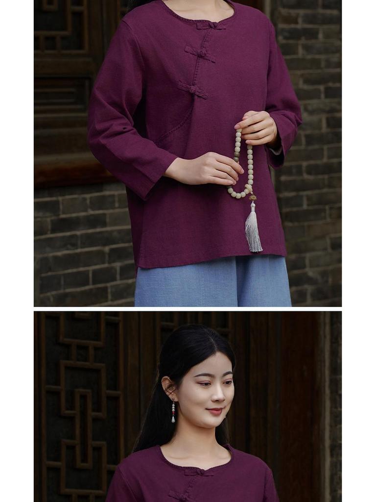 Spring & Autumn Retro Solid Color Cotton-Linen Zen Tea Top with Oblique Lapel & Frog Button