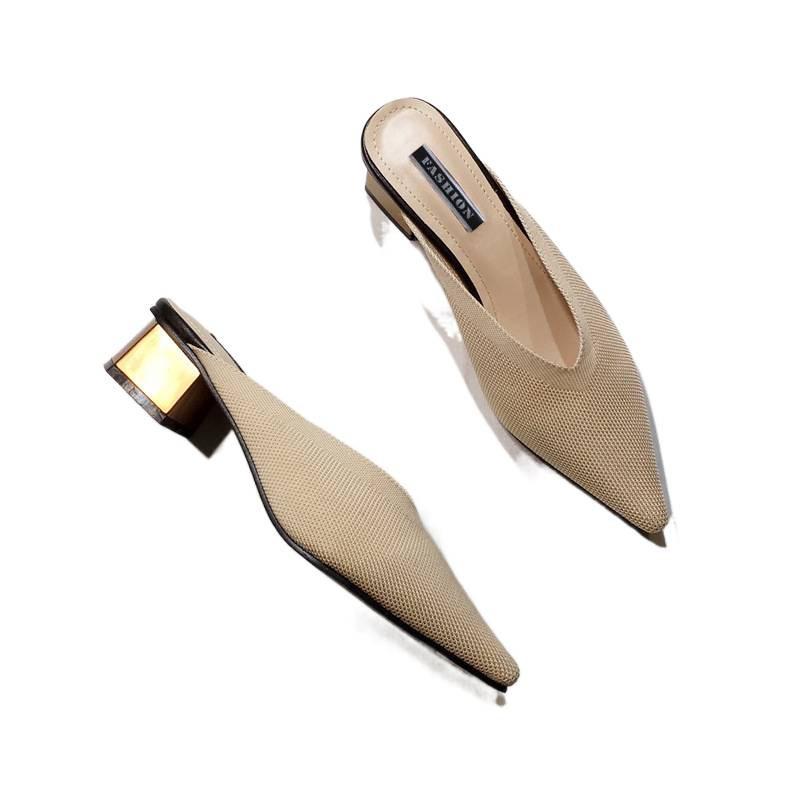 2025 Spring and Summer New Bag Head Half Slippers Women's Flying Woven Mid-heel Pointed Mueller Shoes Thick Heel Wear Lazy Cool Slippers