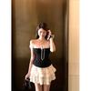 Kumikumi Sweet Spice Girl Polka Dot Shoulder Short Sleeve T-Shirt Women's Summer Age Reduction Chic Skinny Strap-on Top