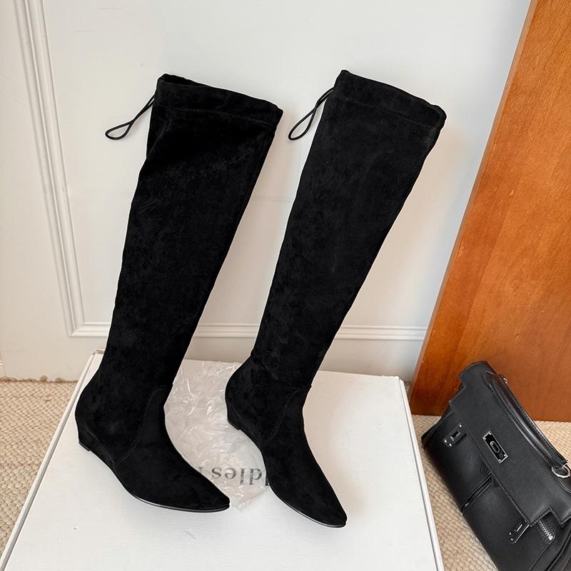 Wide tube big tube circumference black stacking boots women's autumn 2025 new round head wedge boots high boots