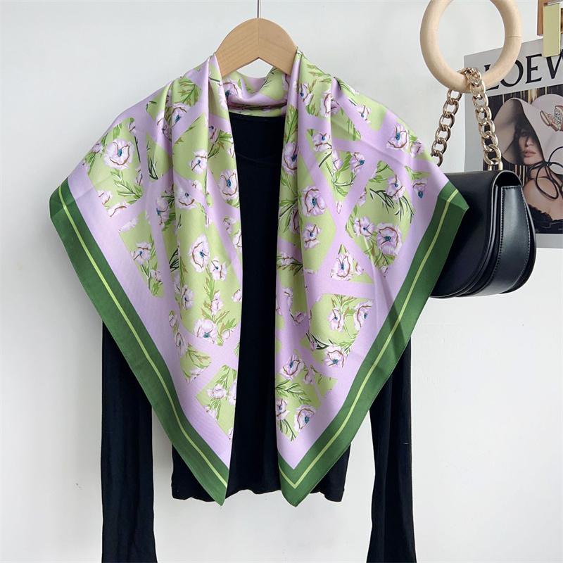 Spain Fashion Cross Plaid Floral Square Silk Scarf Women High Quality Print Soft Shawls and Wraps Bufandas Muslim Hijab 90*90Cm
