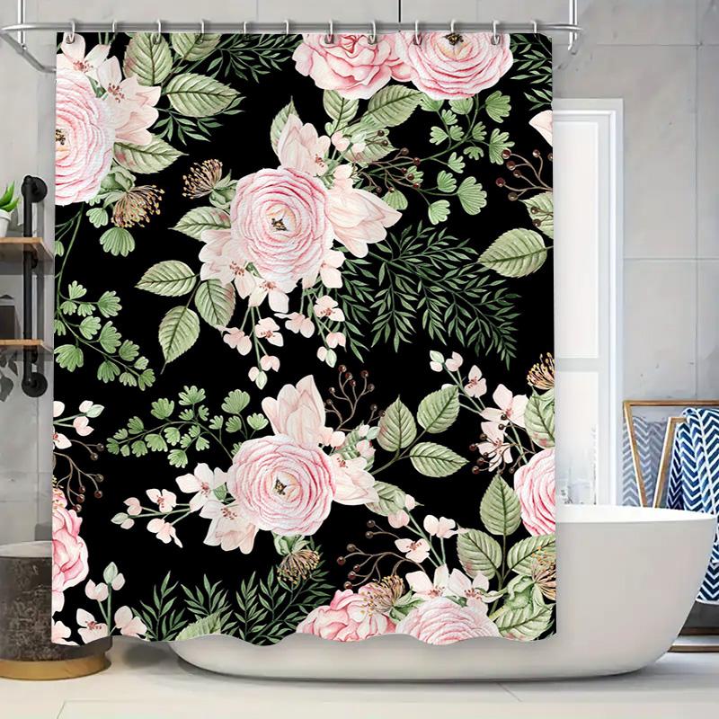 

Luxury Floral Shower Curtain Black Pink Green Leaf Print Bathroom Decor Waterproof Washable Fabric For Home Decoration W60H190(CM)-1 Pcs