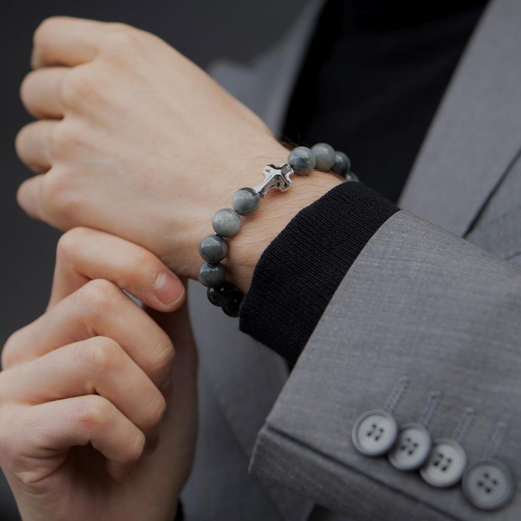 Gray Hawkseye Bead Bracelet Made of Premium Sterling Silver with Cross Charm Natural Stone Gift for Men Size [AWNL] Men's (10mm Stone) 16-17cm