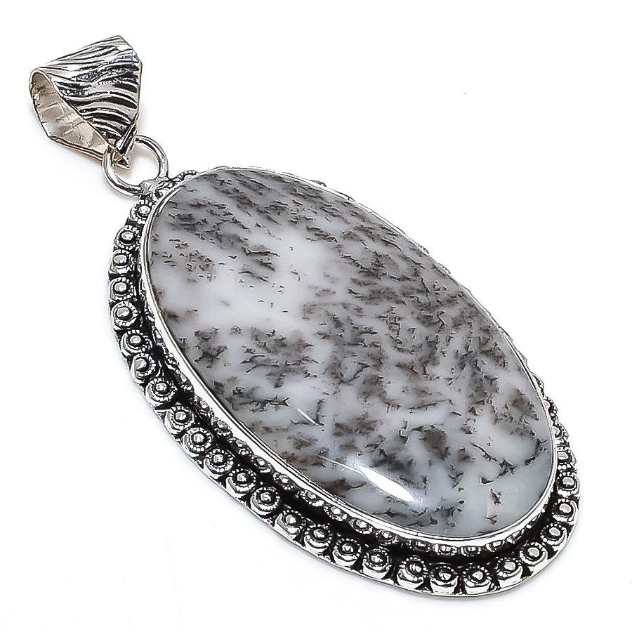 Dendrite Opal Gemstone Handmade 925 Sterling Silver Jewelry Pendant 2.60" SU-10675
