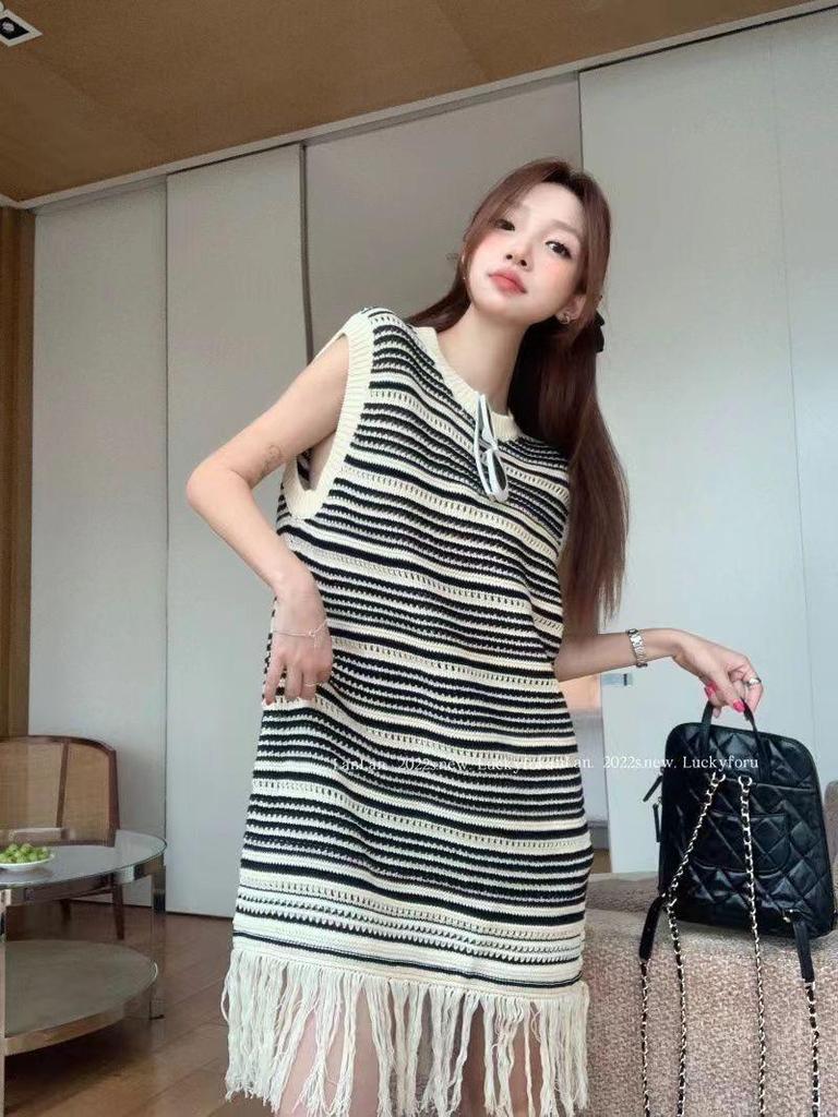 Summer 2025 Striped Sleeveless Knit Tassel Dress for Women