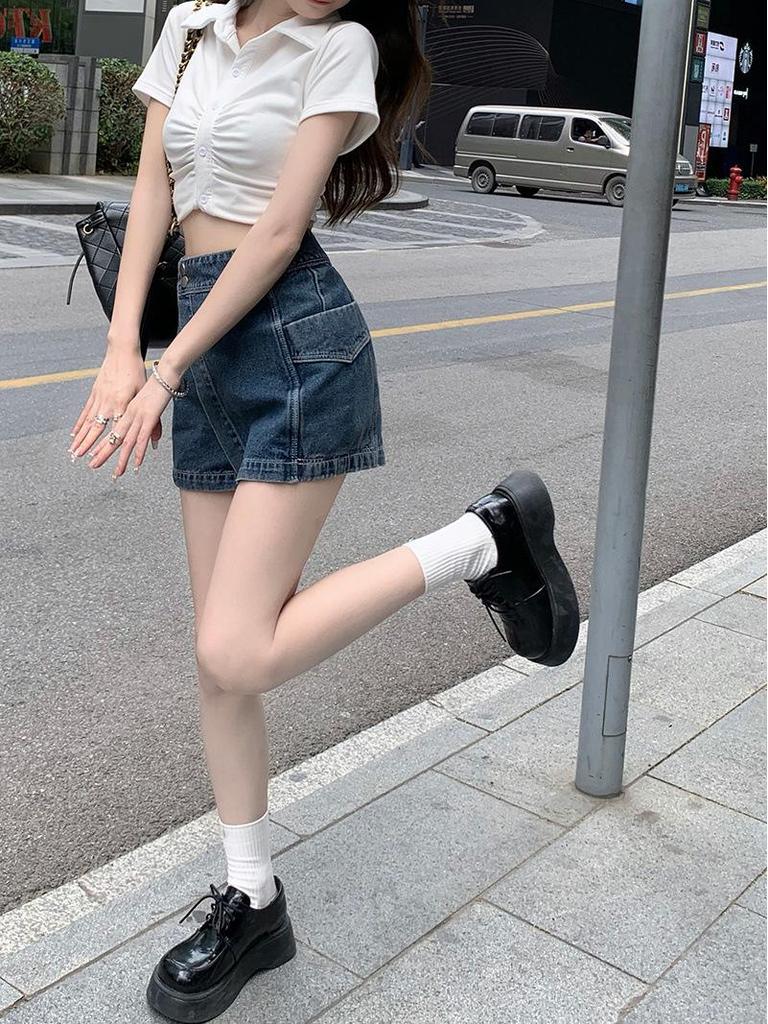 Women's Summer Petite High Waist A-Line Denim Skirt Pants - Retro Slim Fit for Hot Girls