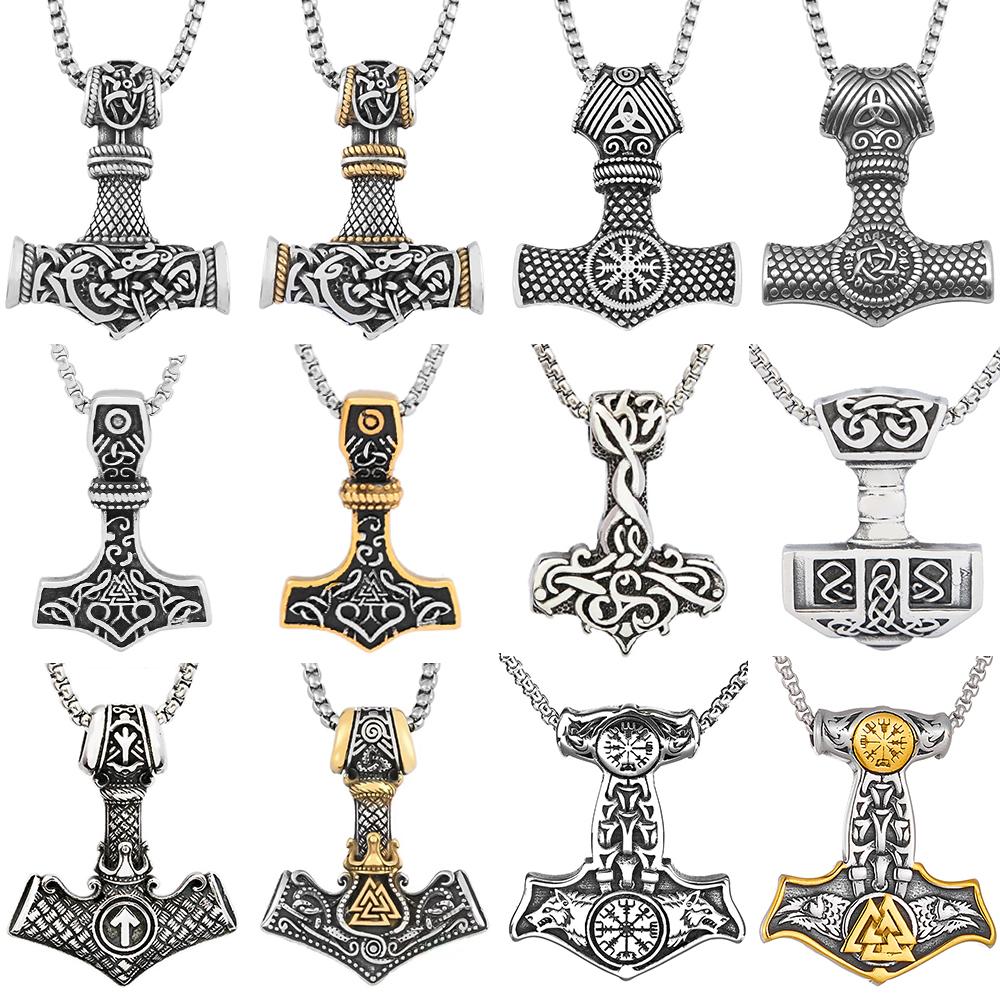 Vikings Thor Hammer Pendant Stainless Steel Mjolnir Necklace Nordic Rune Vegvisir Jewelry Popular Norse Scandinavian