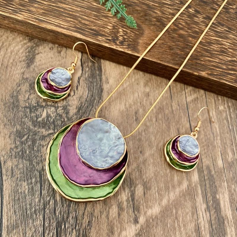 Enamel Round Jewelry Sets Women'S New Fashion Geometric Earrings And Necklaces Set Party Accessories For Mother'S Day Gift