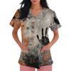 Womens Halloween Print V Neck Scrub Top Short Sleeve Medical Uniform Shirt with Pocket Comfortable Fit Lightweight Fabric