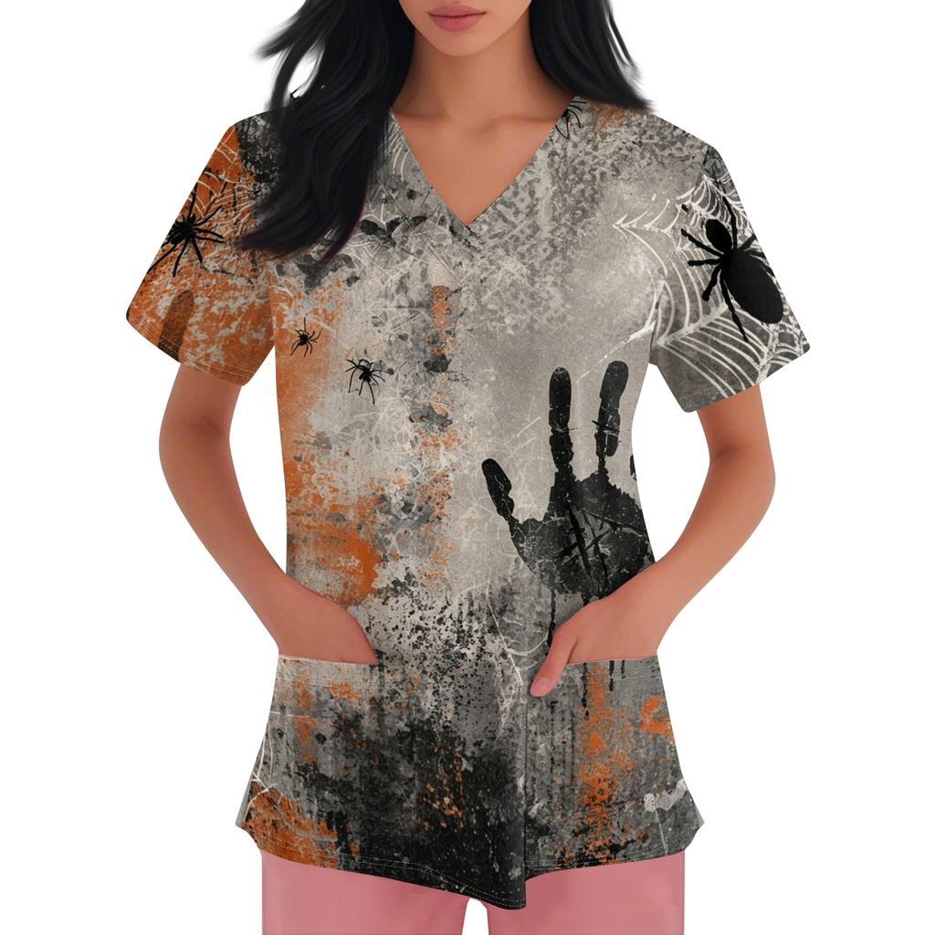 Womens Halloween Print V Neck Scrub Top Short Sleeve Medical Uniform Shirt with Pocket Comfortable Fit Lightweight Fabric