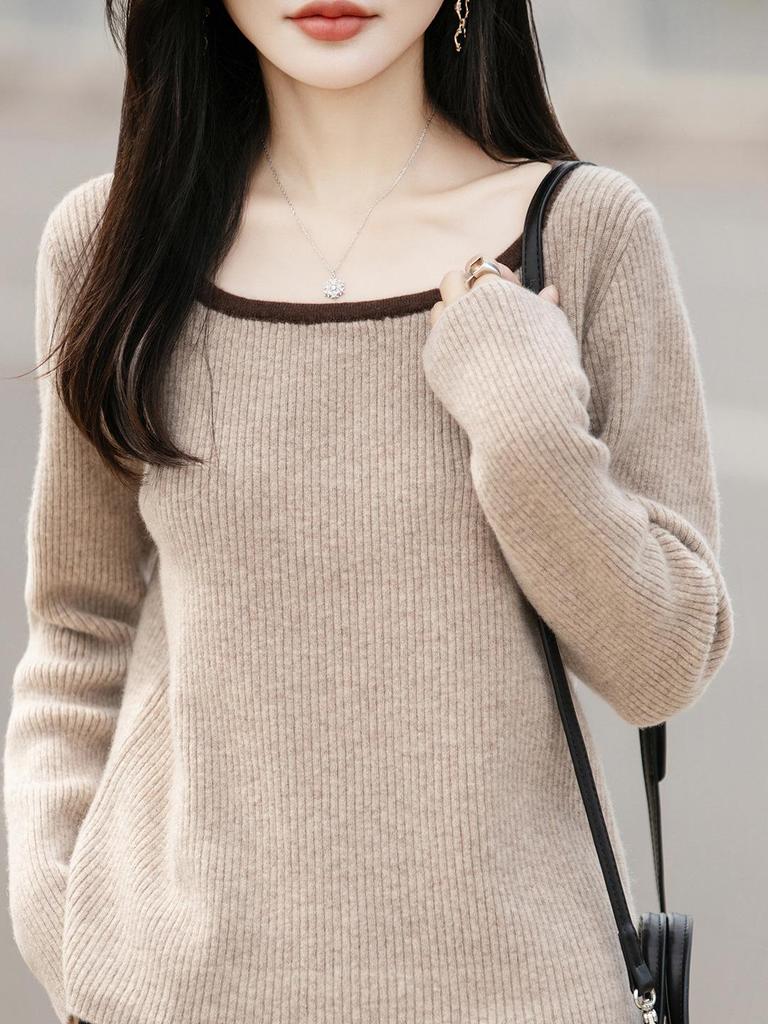 Solid Color Retro Wool Sweater - Long Sleeve Square Neck Knit Top for Women