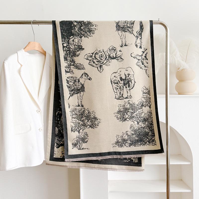 Retro Double-Sided Printing Imitation Cashmere Women'S Scarf Winter Fashion High Temperament Thickened Warm Versatile Shawl