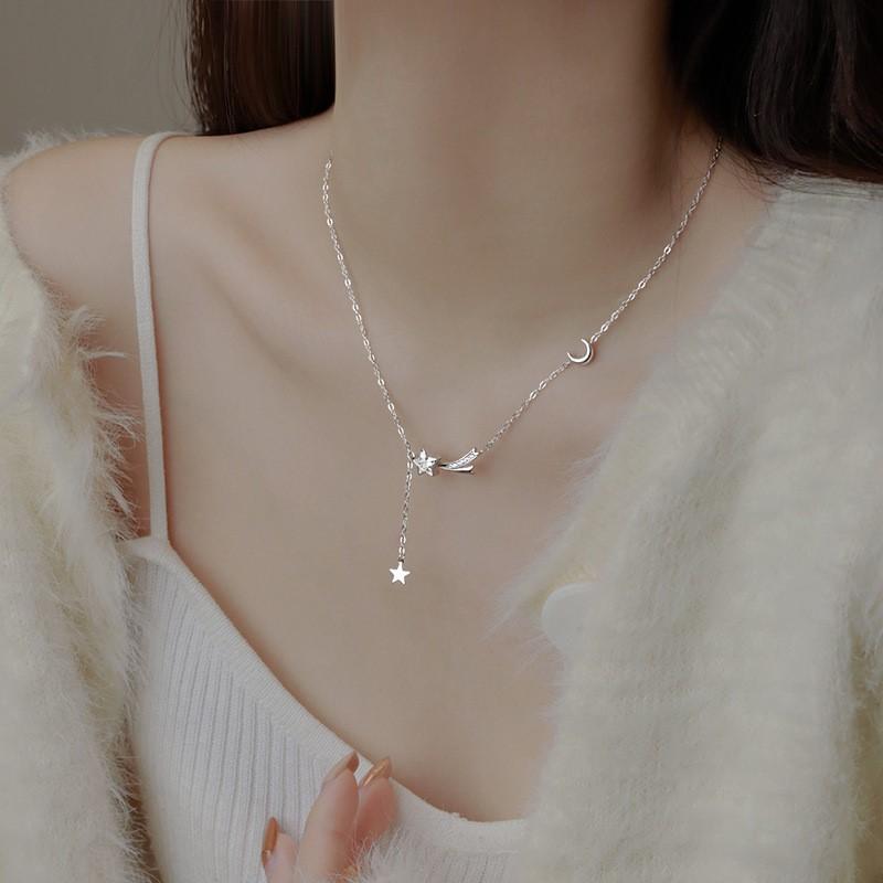 ANENJERY Zirkon Mond Stern Anhänger Lange Quaste Halskette Für Frauen Zarte Kragen Kette Party Schmuck Zubehör