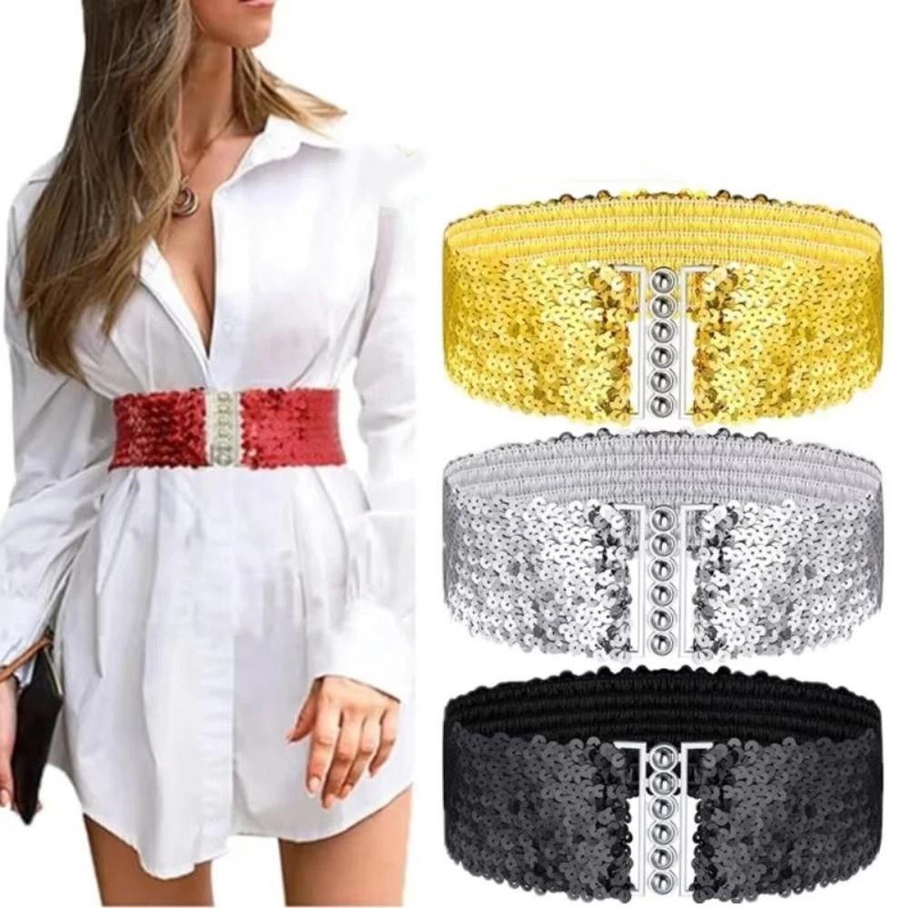 Sparkling Sequined Wide Corset Belt Wide Elastic Stretch Sequin Elastic Cummerbunds Corset Belt Metal Buckle