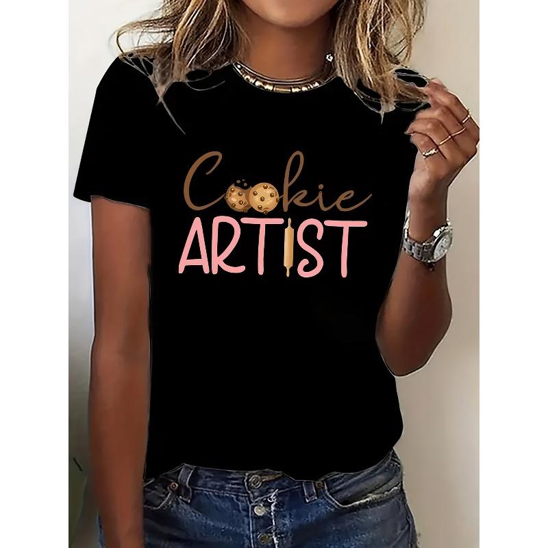 European Size Fashionable Y2K Vibrant Print Women's Short Sleeve T-Shirt - Cookie Art Theme Design, Lightweight and Comfortible for Casual Wear
