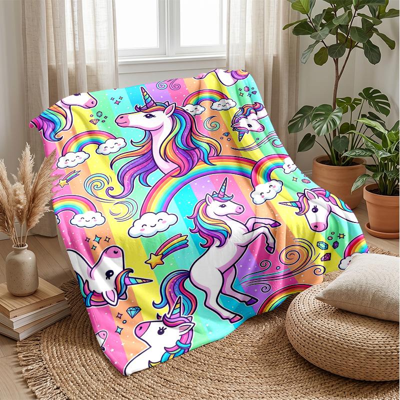 Rainbow Unicorn Fantasy Theme Blanket Lightweight Warm Flannel Blanket Decorative Throw Blanket for Home Decoration