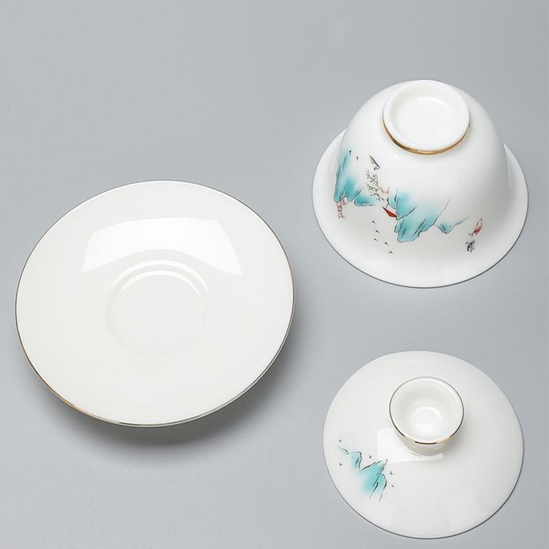 Chinese Suede Jade White Porcelain Tea Tureen Teacup Travel Portable Gaiwan Handmade Ceramic Tea Bowl Tea Set Accessories