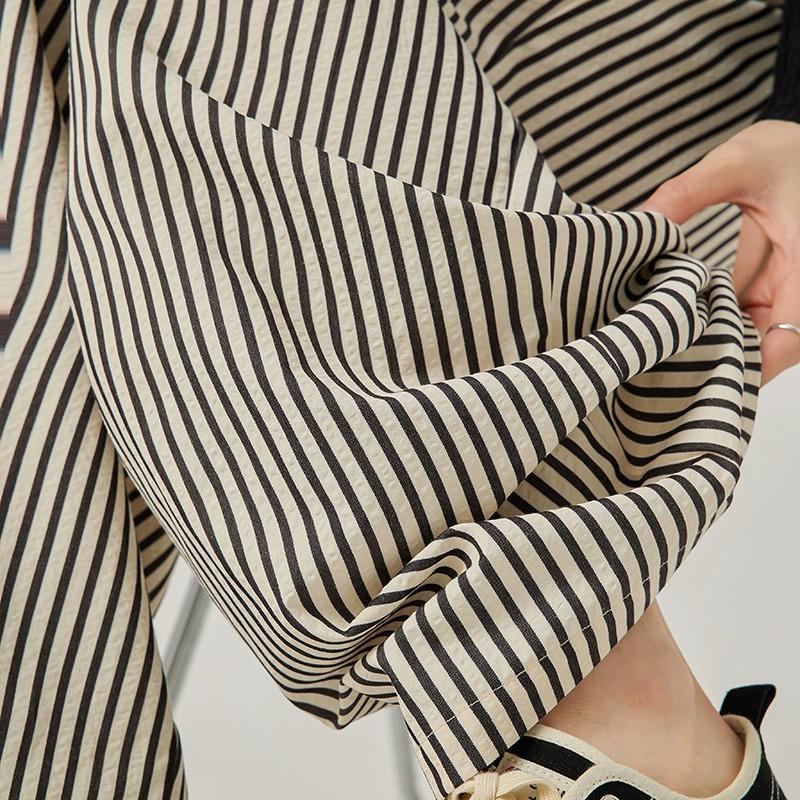 Women's High-Waisted Wide-Leg Black & White Striped Pants - Summer Petite, Slimming, Thin, and Loose Fit, 145cm