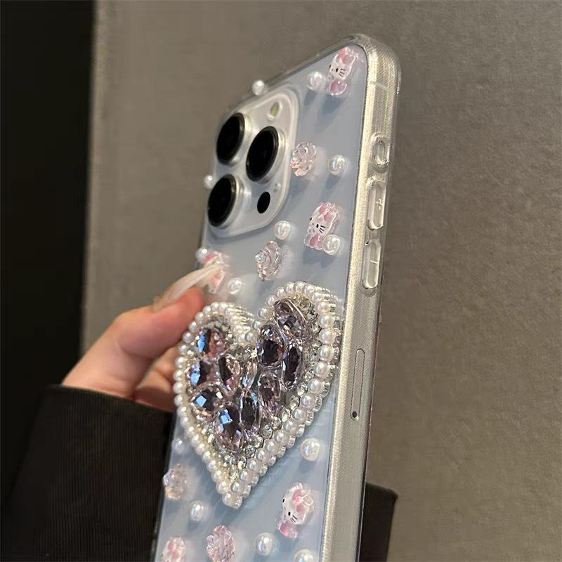 Diamond Love Pearl Cartoon KT Rose Phone Case for IPhone 15 Promax Transparent for Apple 16 Women