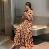 Women's V Neck Five Flutter Sleeve Vintage Abstract Color Block Print Chiffon Maxi Dress High Waist A Line Elegant Summer Long Dress