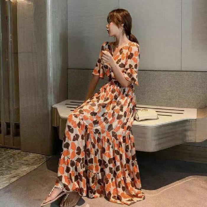 Women's V Neck Five Flutter Sleeve Vintage Abstract Color Block Print Chiffon Maxi Dress High Waist A Line Elegant Summer Long Dress