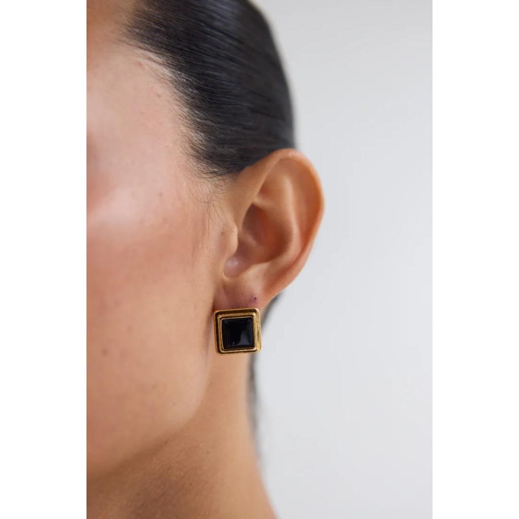 Retro Miedziane Platerowane 18K Prawdziwym Złotem Wkładane Czarnym Agatem Kolczyki ze Srebra S925 Modne Codzienne Musowe Kolczyki