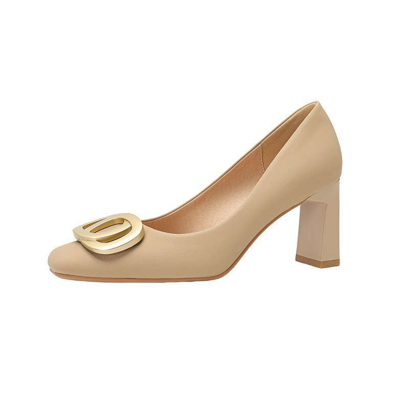 Square head high heels women's thick heels new spring and autumn white niche temperament professional single shoes