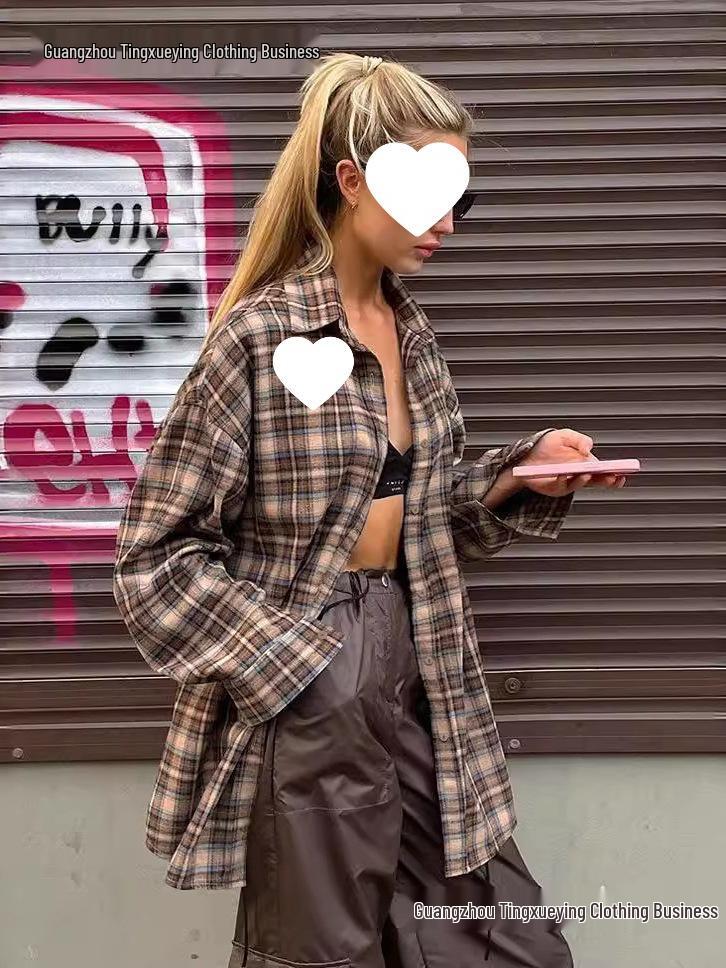 European 2026 Women's Long Retro Plaid Shirt - Spring Loose Fit