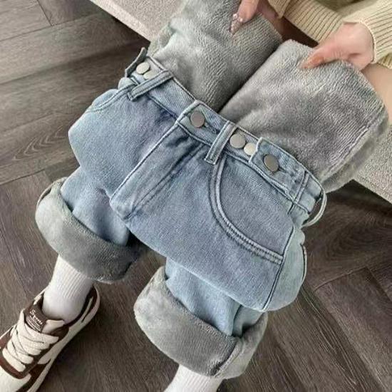 Women's 2023 Winter High-Waist Wide-Leg Jeans: Warm, Thick, Straight-Leg, Slimming Velvet Trousers.