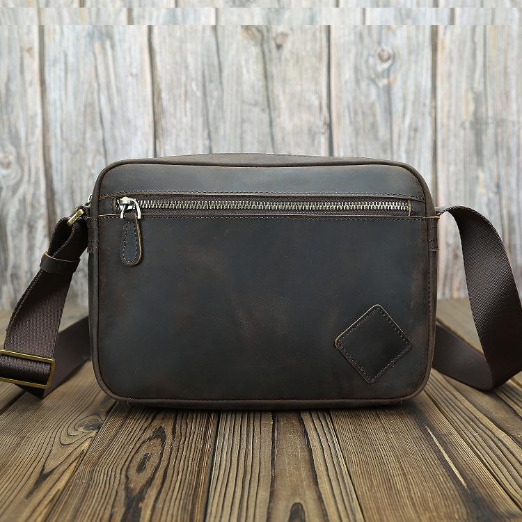 Vintage Crazy Horse Leather Men's Crossbody Messenger Bag - Genuine Leather, Handmade, Casual, and Trendy.