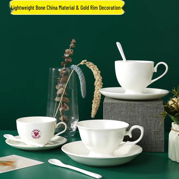 Nordic Style Bone China Coffee Set - Gold Trimmed Butterfly Design Cups (White).