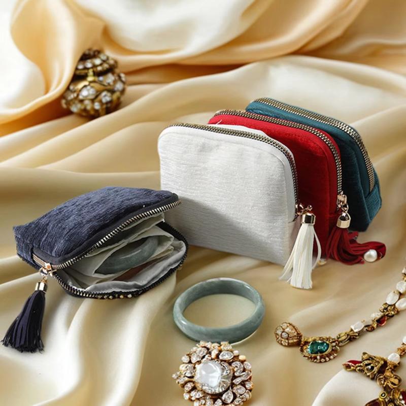 Portable Travel Jewelry Organizer Pouch, Zipper Jewelry Storage Bag With Tassel, Divided Soft Lining Case For Rings Bracelets