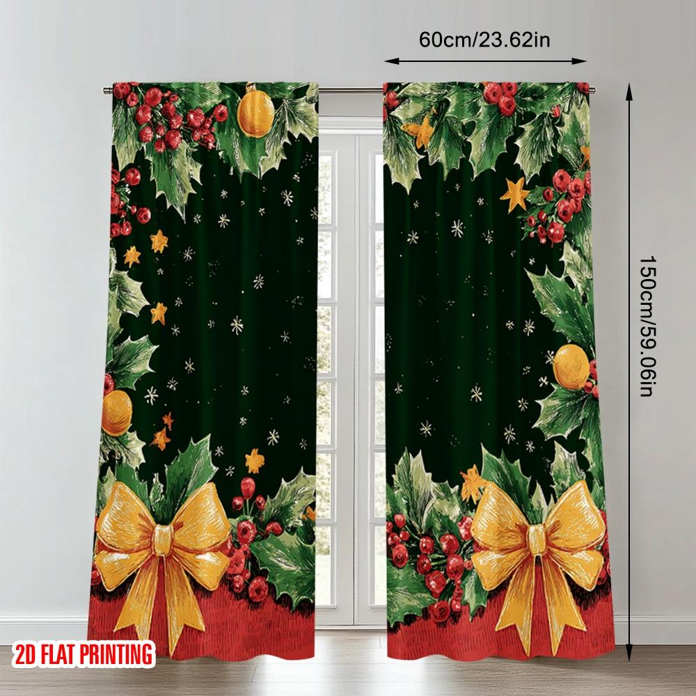 2pcs 2D flat printing Christmas Curtains Christmas Holly Garland Bow Snowflakes Digital Printed Polyester Drapes Party