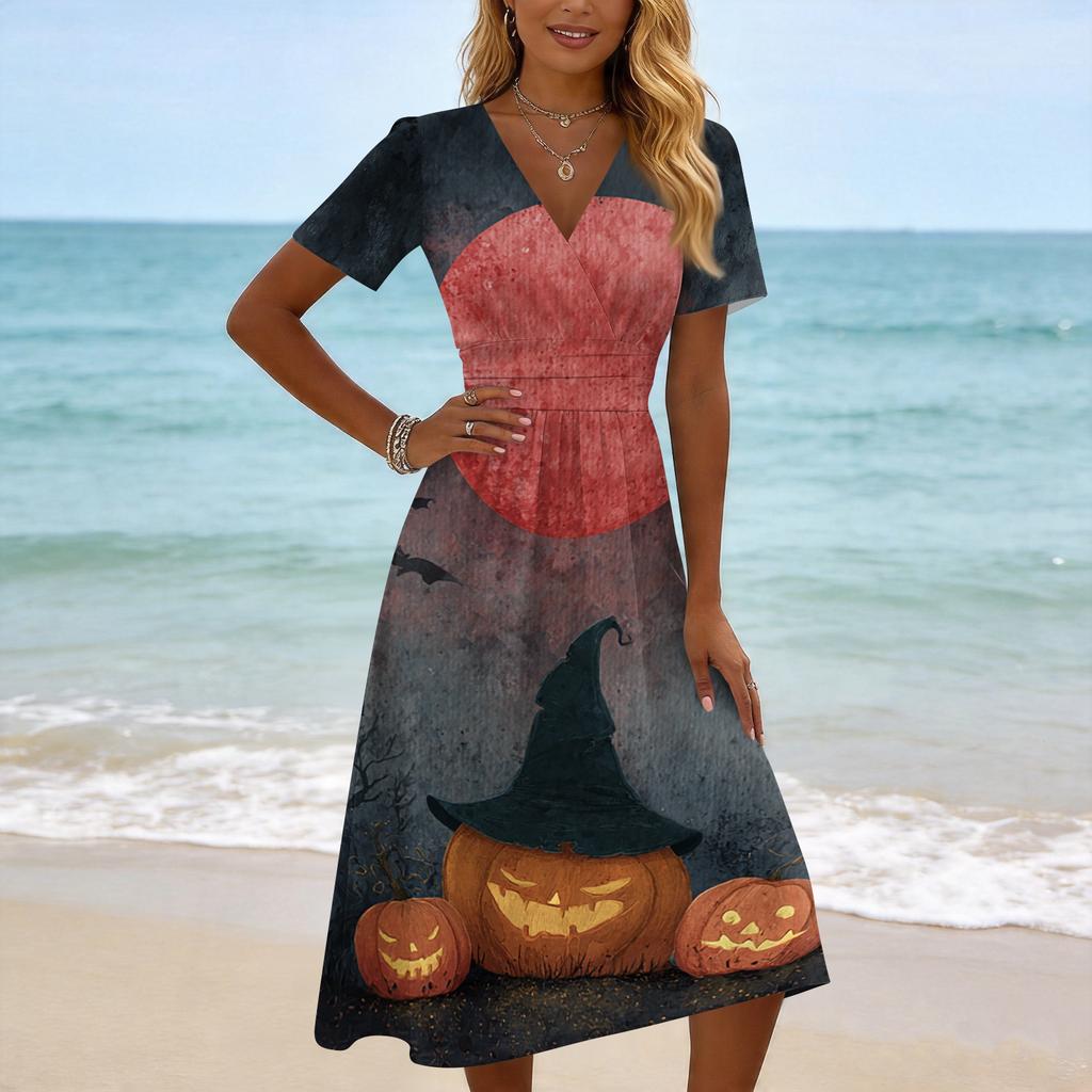 Women Casual Halloween Print V Neck Short Sleeve Dress Midi Length A Line Silhouette Comfortable Fit