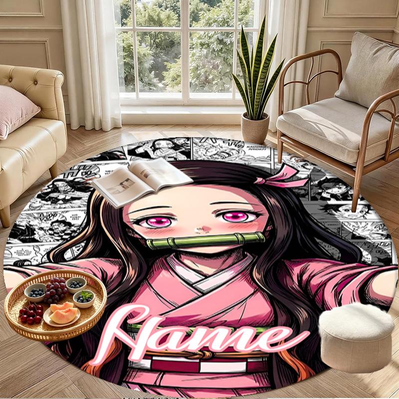 Custom Name Personalized Demon Slayer Print Round Rug, Versatile Home Decor Carpet, for Playroom, Apartment, Balcony, Entryway, Hallway Gift