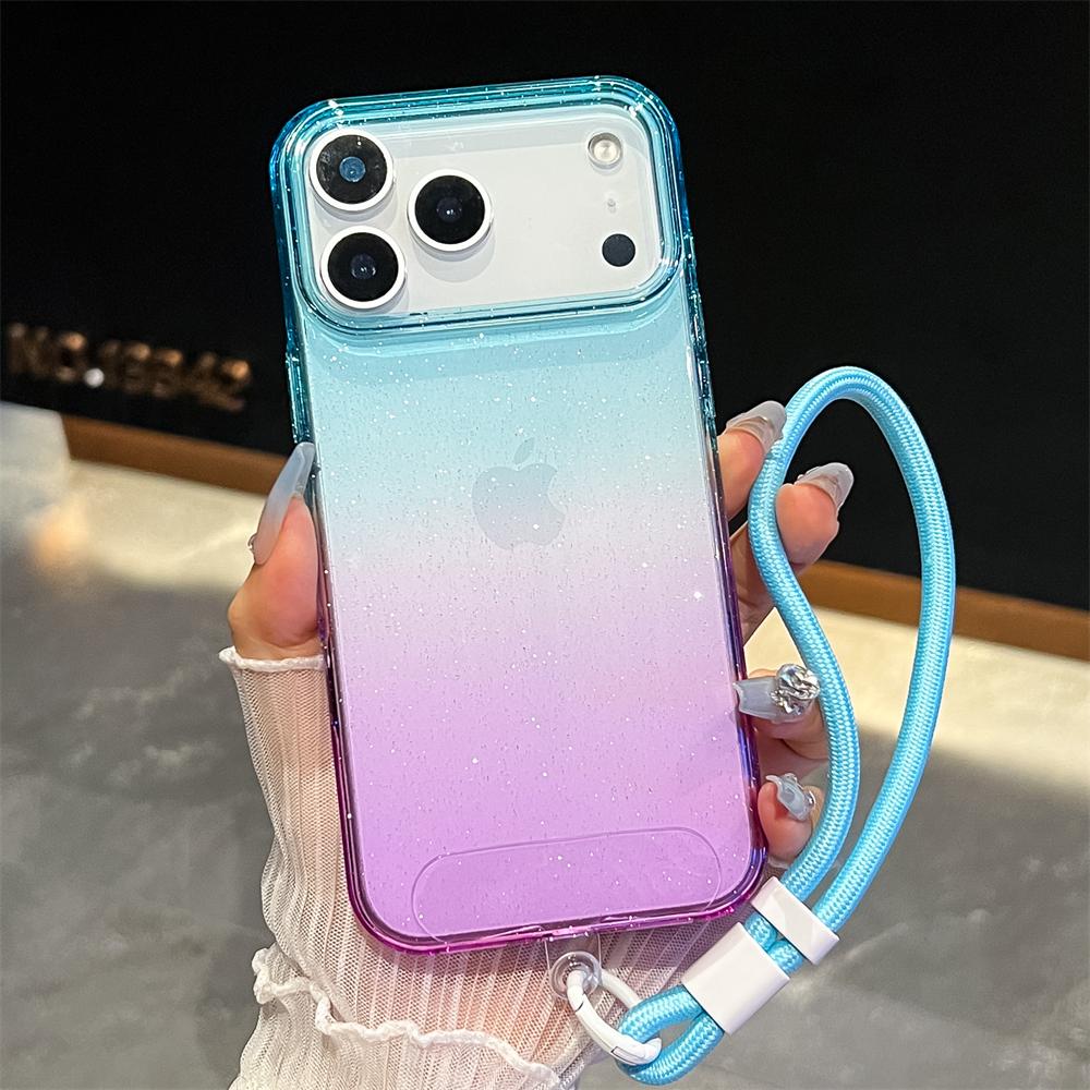 

Gradient Colorful Transparent Phone Case For iPhone 17 16 15 14 13 12 Pro Max Plus Shockproof TPU Back Cover With Wrist Strap iPhone 16 Pro