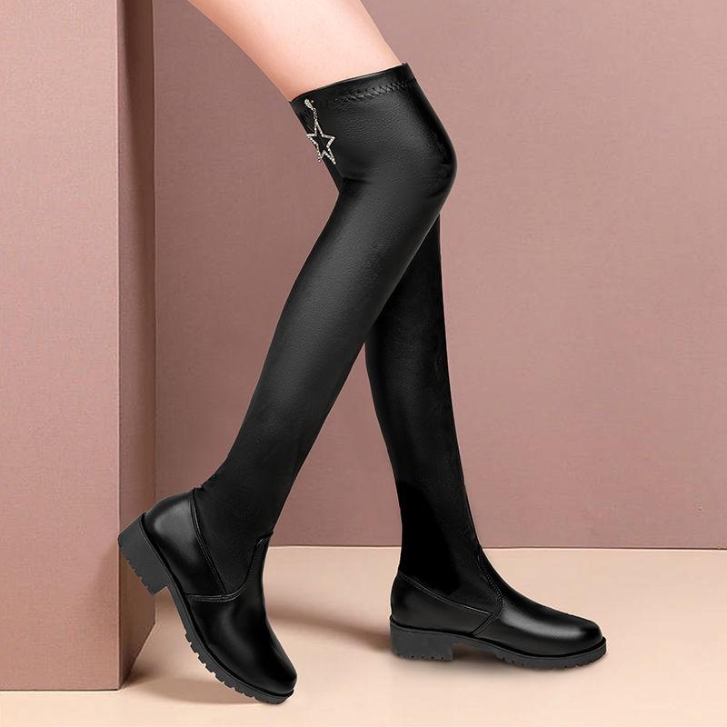 Plus Size Women's Mid-Heel Over-The-Knee Stretchy Slim Boots Trendy High-Leg Boots for Women Versatile Ankle-High Winter Boots