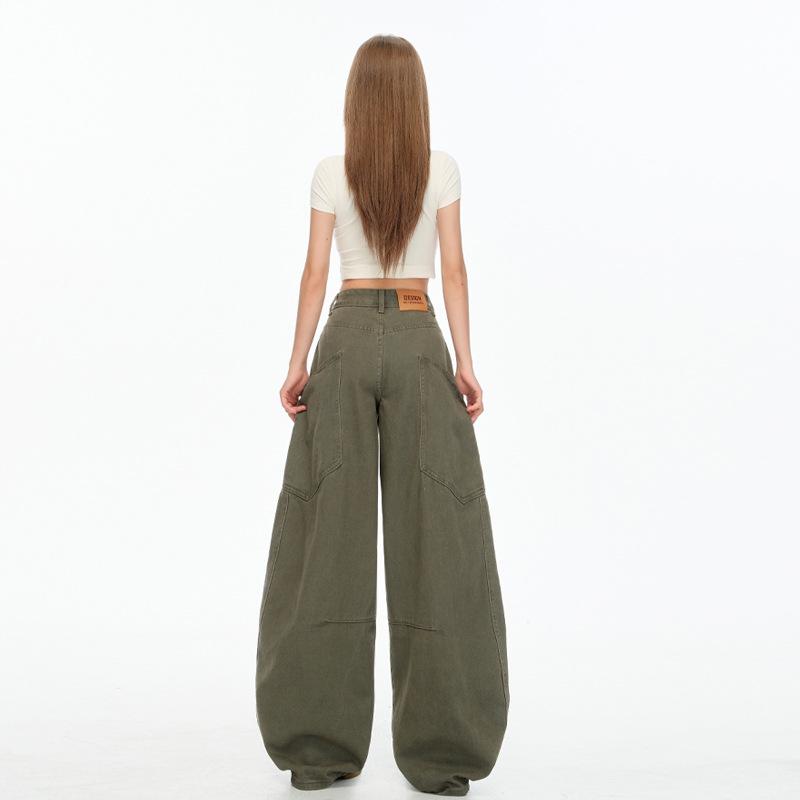 Autumn Khaki Scimitar High-Street Drapey Wide-Leg Jeans for Women