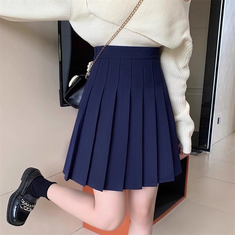 

Navy Blue Pleated Skirt Women s Extended Skirt Dark Blue High Waist Short Skirt Preppy Style Slim Looking Versatile Midi Skirt Blue Length 45cm L