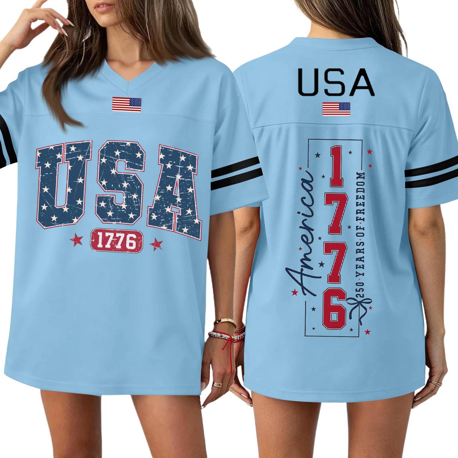 Women s Casual Fashion V-Neck Sports Independence Day Print Short Sleeve Sports T-Shirt Top S