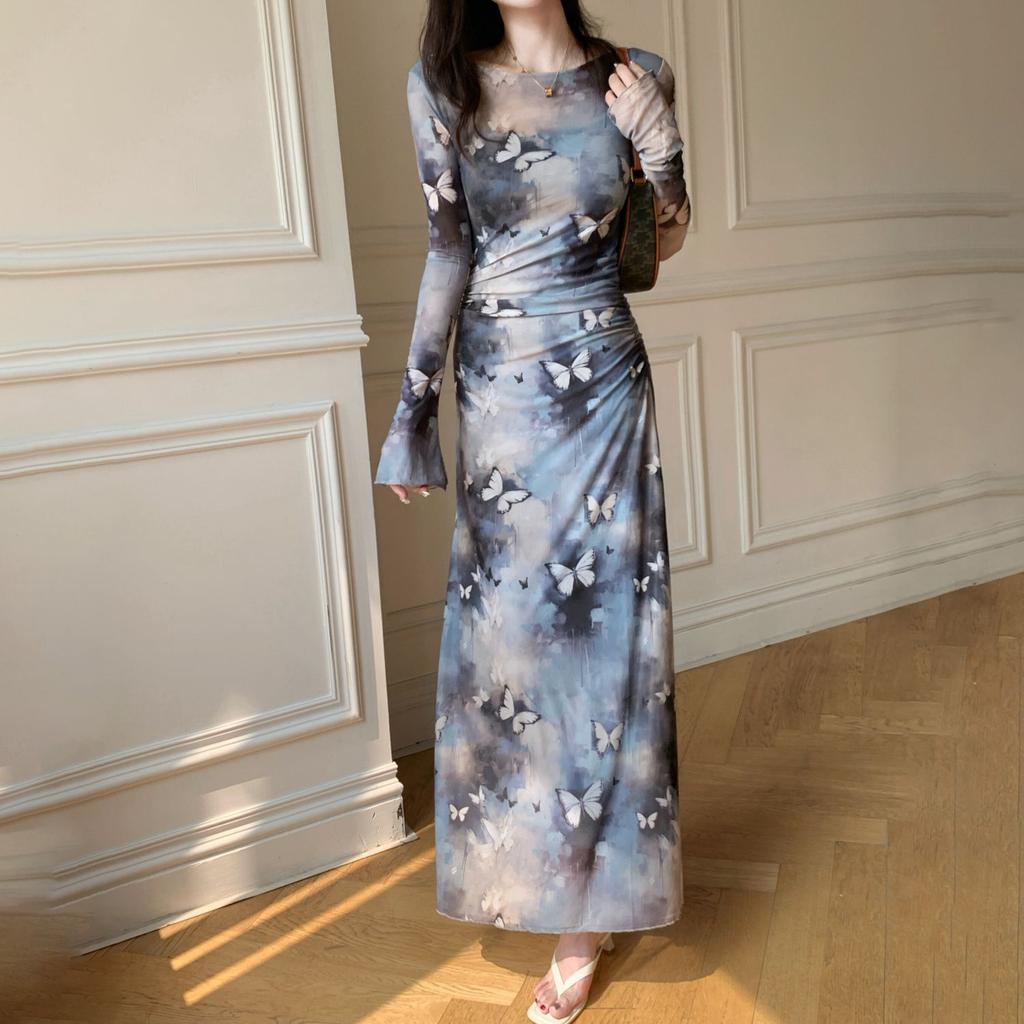 Cool Ink Butterfly Printing Long-sleeved Dress Women's New Spring Temperament Slim Mesh Medium and Long Dress