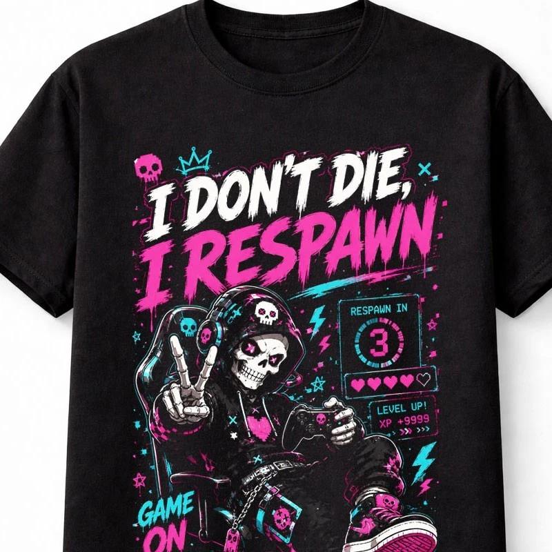 I Dont Die I Respawn Gamer Skeleton Arcade Neon Unisex TShirt S