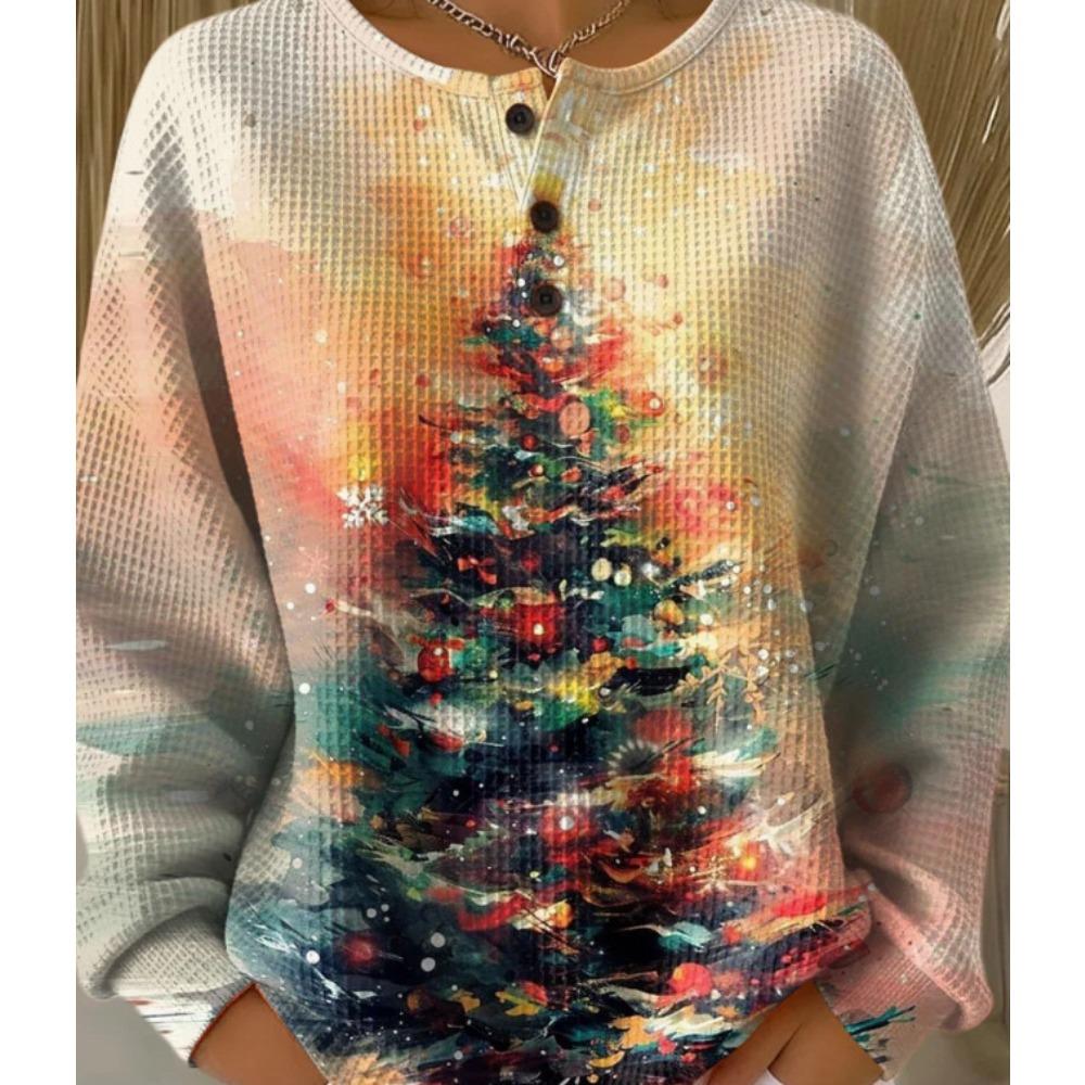 Women's Crew Neck Three‑Button Placket Color‑Block Striped Waffle Knit Loose Long Sleeve Top