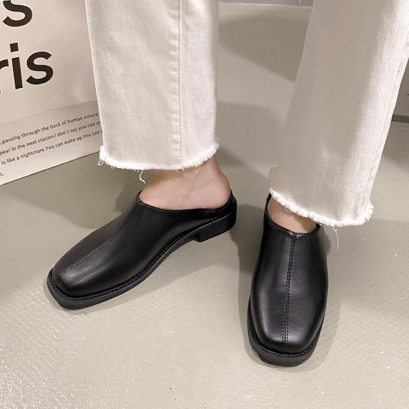 Deep mouth women's loafers 2025 retro soft leather flat bottom comfortable casual stepping heel cover foot low heel single shoes wear two